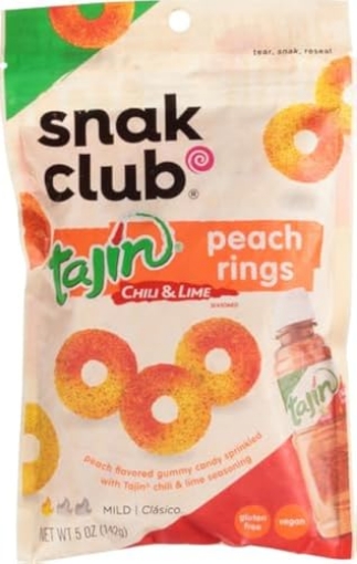 Picture of CENTURY SNACKS LLC 1721647 Snak Club Tajin Peach Rings Gummy Candy, Fruit Candy Gummies with Chili and Lime Seasoning, Mild, Gluten-Free and Vegan Snacks, 5 oz Resealable Bags, 6 Pack (PK-6-EA)