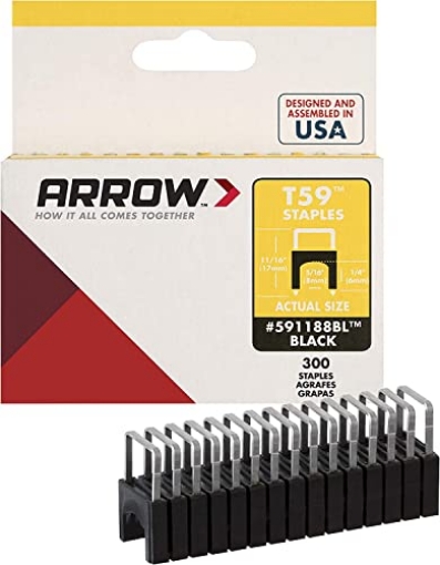 Picture of ARROW FASTENER CO LLC 591188BL Arrow 591188 Genuine T59 Steel 1/4-Inch by 5/16 Crown Width Insulated Staples for Cable and Wiring, Black, 300 Count (EA)