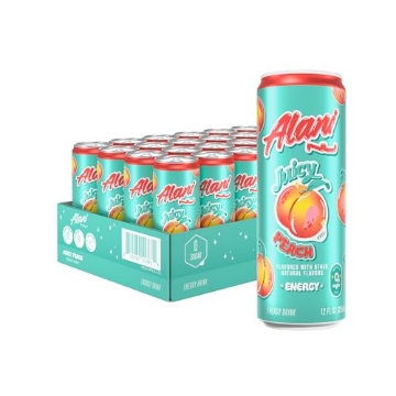 Picture of ALANINU 63597 Alani Nu JUICY PEACH, Sugar Free, Low Calorie Energy Drinks, 200mg Caffeine, Biotin, B Vitamins, Zero Sugar, 10 Calories, 12 Fl Oz Cans, 24 Pack (PK-24-EA)