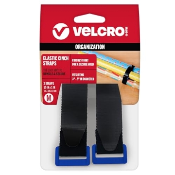 Picture of VEK VEL-30094-USA VELCRO Brand Elastic Cinch Straps with Buckle | 15in x 1in, 2 Count | Adjustable and Stretch for Snug Fit | for Fastening Power Cords Organizing Camping Equipment, More | Black (VEL-30094-USA) (EA)