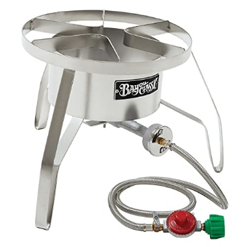 Picture of Bayou Classic SS10 Bayou Classic SS10 14-in Stainless High Pressure Cooker Features 14-in Cooking Surface 12.5-in Tall Welded Frame 10-psi Pre-Set Regulator w/ 48-in Stainless Braided Hose (EA)