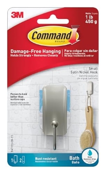 Picture of 3M BATH33-SN-ES Command Small Bath Hook, Holds up to 1 lb, 1 Satin Nickel Shower Hook with 2 Water Resistant Command Strips, Damage Free Bathroom Organization (EA)