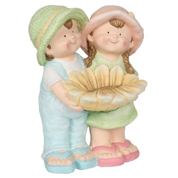 Picture of Alpine Dairy, Inc. QWR1372 Alpine Corporation QWR1372 Boy and Girl Holding Sunflower Birdbath, Playful Child Statue with Birdbath, 17" H, Multicolor (EA)