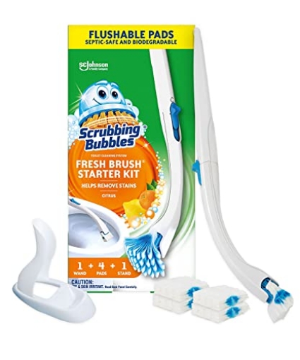 Picture of JOHNSON SC & SONS INC 301822 Scrubbing Bubbles Toilet Bowl Brush and Holder with Cleaner Refill Pads, Fresh Brush Toilet Wand Starter Kit, Cleans Limescale & Fights Odors, Citrus Scent, 1 Wand + 4 Refills + 1 Stand (EA)