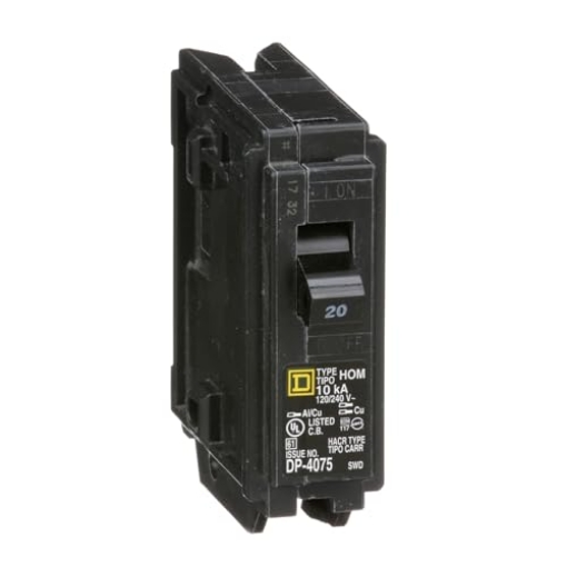 Picture of Square D HOM120CP Square D by Schneider Electric Homeline 20 Amp Mini Circuit Breaker, 1 Pole, 120/240V AC, 10kA Breaking Capacity, Plug in Mount, Standard Type, Residential Use (HOM120CP) (EA)