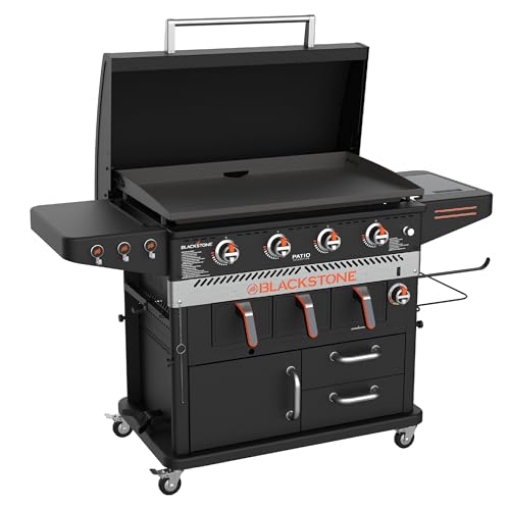Picture of NORTH ATLANTIC IMPORTS INC 1923 Blackstone 1923 Air Fryer Combo & Four Burners Stainless Steel Gas Hood, Wheels, Two Side Shelf – Heavy Duty Outdoor Griddle Station for Backyard, Patio, 36 inch Black (EA)