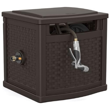 Picture of SUNCAST PHW112 Suncast 150 Foot Slide Trak Outdoor Garden Wicker Resin Water Hose and Reel Hideaway with Brass Connections for Patio or Backyard, Java (EA)