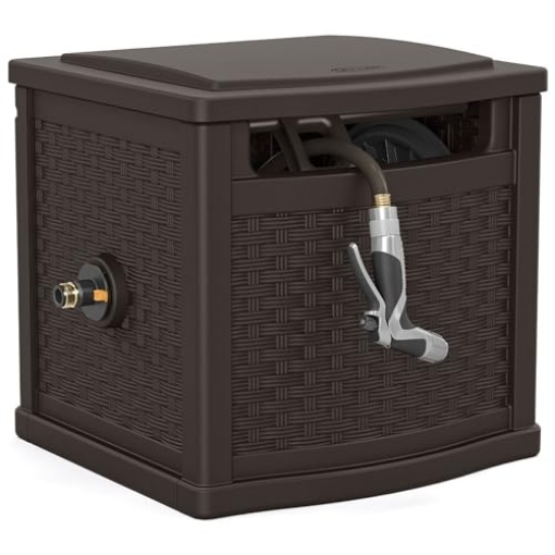 Picture of SUNCAST PHW112 Suncast 150 Foot Slide Trak Outdoor Garden Wicker Resin Water Hose and Reel Hideaway with Brass Connections for Patio or Backyard, Java (EA)