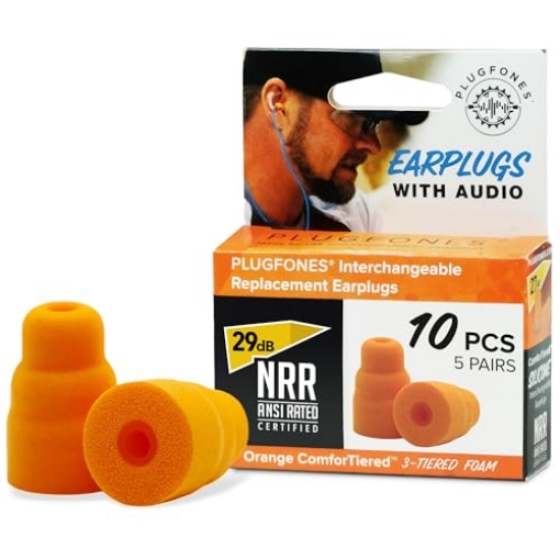 Picture of INNATE DEVICES PRP-FO10 Plugfones Replacement Ear Plugs - 29 (dB) NRR Certified ComfortTiered Foam Tips for In-Ear Earplug Earbuds - Compatible with Plugfones - Noise-Reducing, Comfortable & Durable - 5 Pairs/10-Pack, Orange (EA)