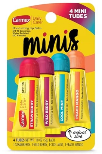 Picture of CARMEX 103337 Carmex Daily Care Minis Moisturizing Lip Balm Tubes with SPF 15, Strawberry, Cool Mint, Wild Berry and Peach Mango Lip Balm Pack - 0.18 oz each, 4 Count (PK-4-EA)