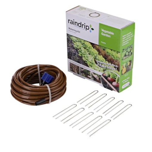 Picture of Rain Drip R567DT Raindrip R567DT Drip Irrigation Watering Kit for Vegetable Gardens Includes 50 feet of 1/4-Inch Dripline, 3/4-Inch FHT Adapter, 10 Hold-Down Stakes, 1 End Plug (EA)