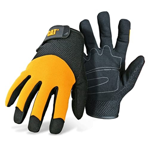 Picture of CAT CAT012215L Cat® CAT012215L Spandex Back Gloves – Yellow/Black, Large, Padded Synthetic Leather Palm Gloves with Mesh Upper Back (EA)