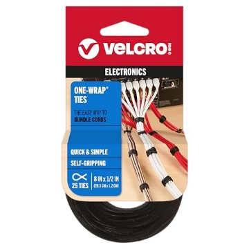 Picture of VEK 90927 VELCRO Brand ONE-WRAP Cable Ties | 25Pk | 8 x 1/2" Black Cord Organization Straps | Thin Pre-Cut Design | Wire Management for Organizing Home, Office and Data Centers (EA)