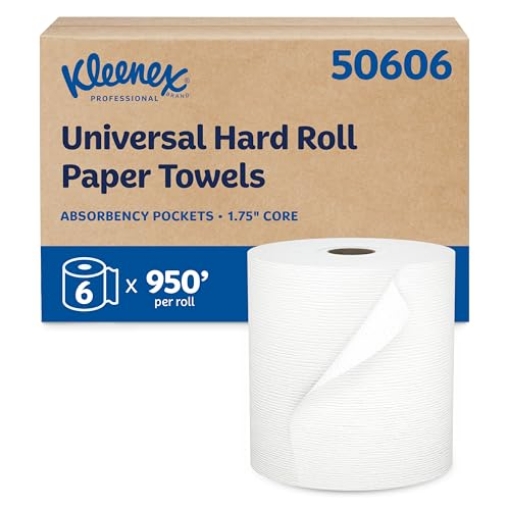 Picture of Kleenex 50606 Kleenex Professional Universal Hard Roll Paper Towels, Bulk (50606), Hardwound 1.75" Core, Premium Absorbency Pockets, White (6 Rolls at 600' Each, 3,600'/Case) (EA)