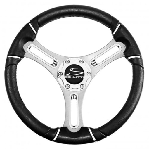 Picture of Schmitt Marine PU043144-12R Schmitt & Ongaro Marine Products PU043144-12 Schmitt & Ongaro Torcello 14 Wheel - 04 Series - Polyurethane Wheel W/Chrome Trim & Cap - Brushed Spokes - 3/4 Tapered Shaft (EA)