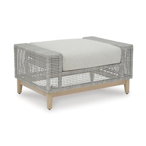 Picture of SIGNATURE DESIGN P798-814 Signature Design by Ashley Seton Creek Casual Nuvella Weather Resistant Fabric Outdoor Ottoman with Cushion, Light Gray & Light Brown (EA)