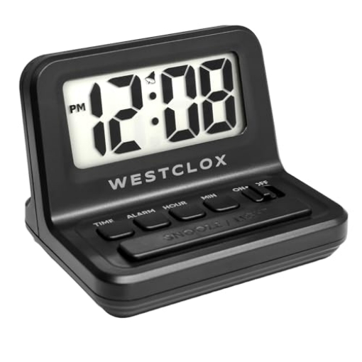 Picture of WESTCLOX(R) 47538A Westclox LCD Digital Bedside Alarm Clock with White Backlit Display and Snooze Function, Battery Operated, (Black, 3-Inch) (EA)