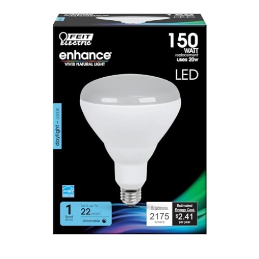 Picture of FEIT ELECTRIC CO BR40DM2175950CA Feit Electric BR40 LED Light Bulb, 150W Equivalent, Dimmable, 2175 Lumens, E26 Medium Base, 5000K Daylight, 90 CRI, Flood Light Bulb for Recessed Cans, Damp Rated, 22-Year Lifetime, BR40DM/2175/950CA (EA)
