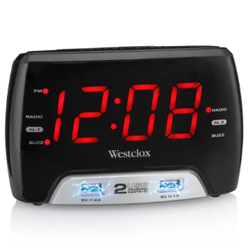 Picture of WESTCLOX(R) 80227WM Westclox Large 1.4” Red LED Digital FM Clock Radio with Dual USB A & C Charging Ports, Adjustable Brightness, Dual Alarms & Sleep Timer – Modern Alarm Clock for Bedroom, Home, or Office (Black) (EA)