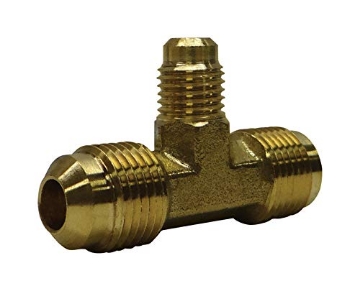 Picture of JMF COMPANY 4506341 JMF 3/8 in. Flare x 3/8 in. Dia. Flare 1/4 Flare Yellow Brass Reducing Tee - Case of: 33 (PK-3-EA)