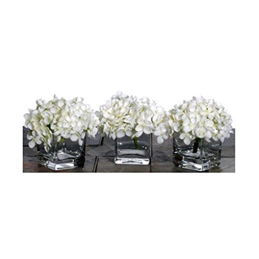 Picture of Vickerman F10027 Vickerman Set of 3 White Hydrangea Artificial Floral Arrangements in Clear Vases (EA)