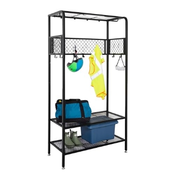 Picture of Honey Can Do SHF-09842 Honey-Can-Do Garage Entryway Storage Unit With Light, Hooks and Clothes-Hanging Bar, Black SHF-09842 Black (EA)