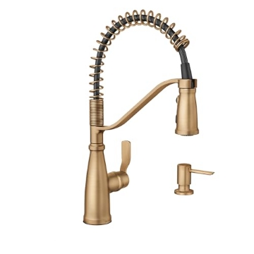 Picture of Moen 87886BZG Moen Nolia Bronzed Gold One-Handle Single Hole Spring Kitchen Faucet with Pull Down Sprayer and Soap Dispenser, 87886BZG (EA)