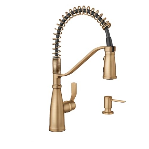 Picture of Moen 87886BZG Moen Nolia Bronzed Gold One-Handle Single Hole Spring Kitchen Faucet with Pull Down Sprayer and Soap Dispenser, 87886BZG (EA)