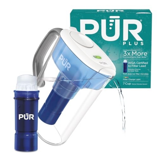 Picture of Pur PPT711WAV5 PUR Plus 7-Cup Water Filter Pitcher for Fridge, Cleaner, Great-tasting Water, Dishwasher Safe, Powerful Filtration, Change Light Indicator, LockFit Cap Design, White (EA)
