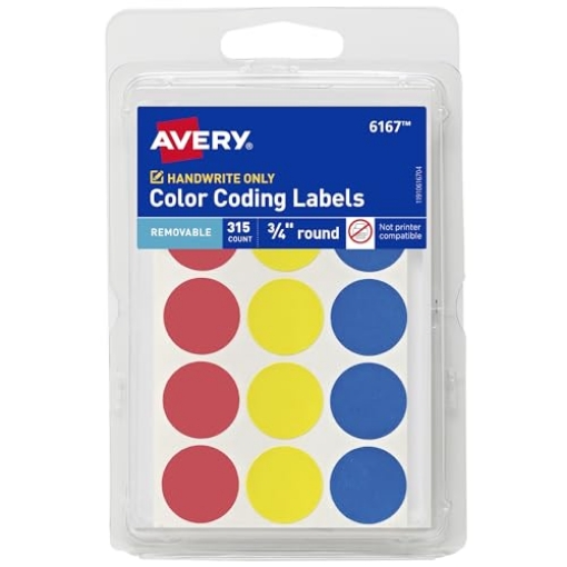 Picture of Avery Dennison 06167 Avery Color-Coding Removable Labels, 3/4 Inch Round Labels, Assorted Colors, Non-Printable, 315 Dot Stickers Total (6167) (PK-6-EA)