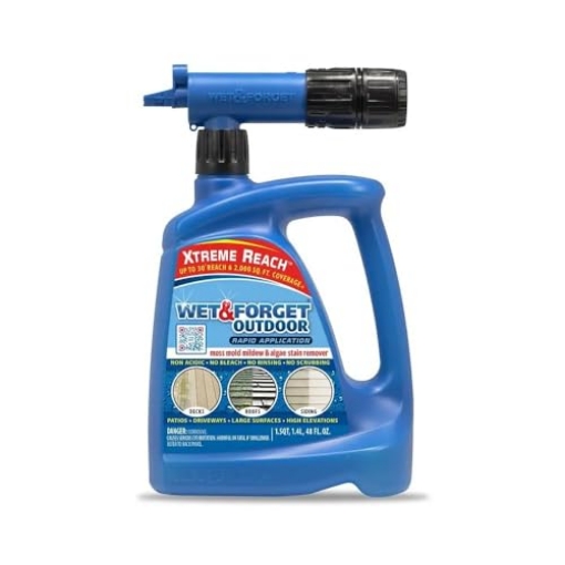 Picture of WET & FORGET INC 807048 Wet & Forget Outdoor Moss, Mold, Mildew, & Algae Stain Remover Multi-Surface Cleaner, Xtreme Reach Hose End with New & Improved Nozzle, 48 Fluid Ounces (PK-4-EA)