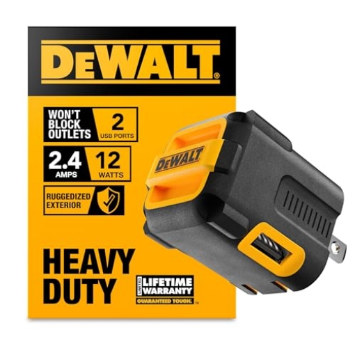Picture of DEWALT(R) 131 0849 DW2 DEWALT Heavy Duty NeverBlock USB Charger, Angled Dual Port 12W Wall Charger Adapter, Foldable Plug, Charging Box Brick, Cube for iPhone 17 16 15 14 13 Pro Max, Galaxy S22 S21 Note 20, HTC, Moto, LG (EA)