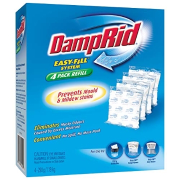 Picture of Wm Barr & Company FG92 DampRid 10.5 oz Fragrance Free Absorber Easy Fill Refill Packs-4 Count – Attracts & Traps Moisture for Fresher, Cleaner Air, Blue/White (EA)