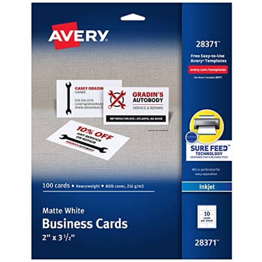 Picture of AVE AVE28371 Avery Printable Business Cards with Sure Feed Technology, 2" x 3.5", White, 100 Blank Business Cards, Inkjet Printer Paper (28371) (CT-1-PK)