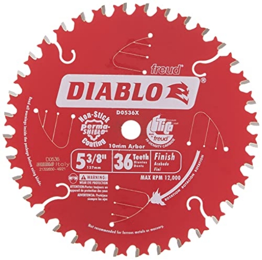 Picture of Diablo D0536X Diablo Finish Trim Saw Blade - Ideal for Portable and Low Powered Saws - 5-3/8" Diameter, 36 ATB Teeth, 10mm Arbor, .049" Kerf, 2� Hook Angle, 12000 Max RPM - D0536X (EA)