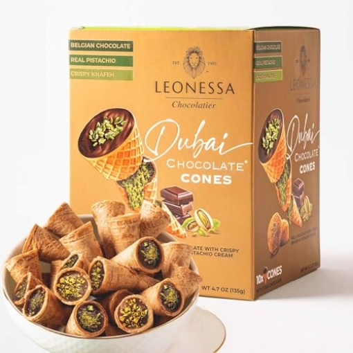 Picture of LEONESSA 110-425 Leonessa Dubai Chocolate Cones with Pistachio Kunafa | Made with Premium Belgian Chocolates | Kunafa Chocolate | Chocolates de Dubai - 4.7 oz (PK-12-EA)