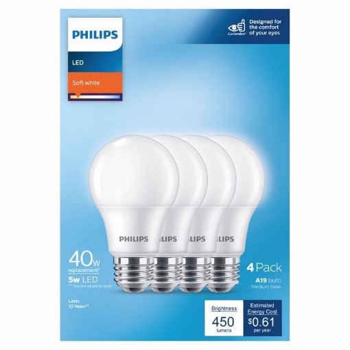 Picture of Philips Monitors 575829 Philips A19 E26 (Medium) LED Bulb Soft White 40 Watt Equivalence 4 pk (EA)