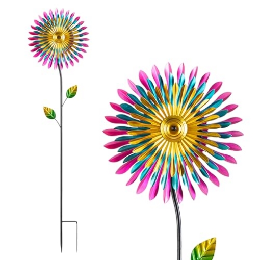 Picture of Alpine Dairy, Inc. KIY336 Alpine Corporation 47" Tall Outdoor Metal Windmill Triple Spinner Garden Stake Yard Decoration, Daisy (PK-4-EA)