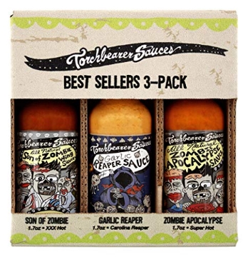 Picture of TORCHBEARER SAUCES 855090001754 Torchbearer Sauces Best-Sellers Mini Hot Sauce Gift Set, 1.7oz 3 Pack - Zombie Apocalypse, Garlic Reaper, Son of Zombie - Featured on Hot Ones - All Natural, Extract-Free, Made in USA (EA)