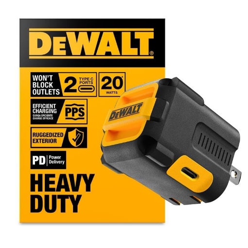 Picture of DEWALT(R) 131 0038 DW2 DEWALT Heavy Duty NeverBlock 20W Type C Charger, Dual Port Angled Cube Wall Adapter w/Foldable Plug, Patented Design Fast Charging Block for iPhone 17 16 15 14 13 Pro Max, Samsung Galaxy S24, HTC, LG (EA)
