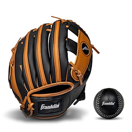 Picture of FRANKLIN 4809TBS Franklin Sports unisex youth Right Handed Thrower Franklin Sports Kids Baseball Gloves RTP Child s Tball Glove Ball Set Boys Girls Teeball Mit, Black/Tan, 9.5 US (EA)
