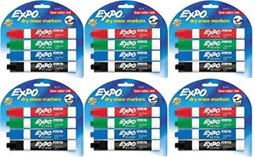 Picture of Expo SAN80174 Expo 80174 Low Odor Chisel Point Dry Erase Marker Pack, Designed for Whiteboards, Glass and Most Non-Porous Surfaces, 4 Assorted Color Markers, Pack of 6 Blisters (PACK-6-ST-4-EA)