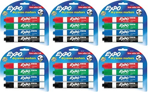 Picture of Expo SAN80174 Expo 80174 Low Odor Chisel Point Dry Erase Marker Pack, Designed for Whiteboards, Glass and Most Non-Porous Surfaces, 4 Assorted Color Markers, Pack of 6 Blisters (PACK-6-ST-4-EA)