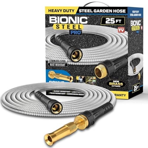 Picture of BIONIC STEEL 2425 Bionic Steel Pro 25 FT Garden Hose with Nozzle, 304 Stainless Steel Metal Water Hose 25Ft, Flexible Hose, Kink Free, Lightweight and Durable, Crush Resistant Fitting, Easy to Coil, 500 PSI 2025 Model (EA)