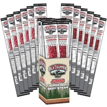 Picture of OLD TRAPPER SMOKED PRODUCTS INC 40240T Old Trapper Kippered Steak, Peppered Flavor, Two-Ounce Individually Wrapped Packages, Spicy Meat Snack for Between Meal Bites, 22 Grams of Protein per Serving (Pack of 12) (PK-12-EA)