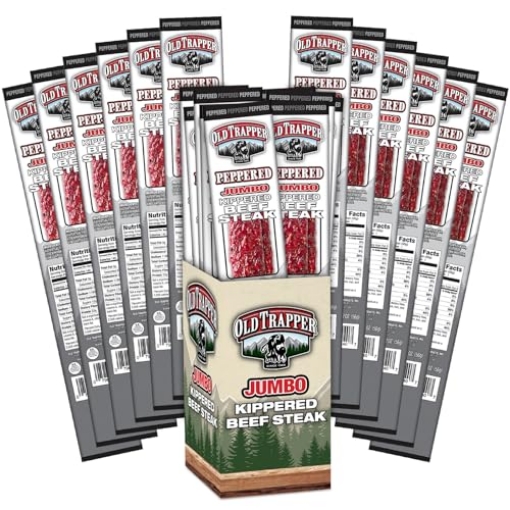 Picture of OLD TRAPPER SMOKED PRODUCTS INC 40240T Old Trapper Kippered Steak, Peppered Flavor, Two-Ounce Individually Wrapped Packages, Spicy Meat Snack for Between Meal Bites, 22 Grams of Protein per Serving (Pack of 12) (PK-12-EA)