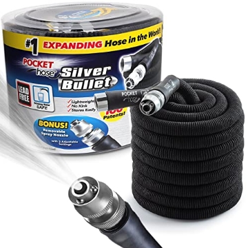Picture of POCKET HOSE 13489-6 Pocket Hose Silver Bullet 75 ft Turbo Shot Nozzle Multiple Spray Patterns Expandable Garden Hose 3/4 in Solid Aluminum Fittings Lightweight and No-Kink (EA)