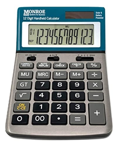 Picture of MONROE MNE12DHC Monroe Handheld 12-Digit Paperless Calculator with Check and Correct Functionality (EA)
