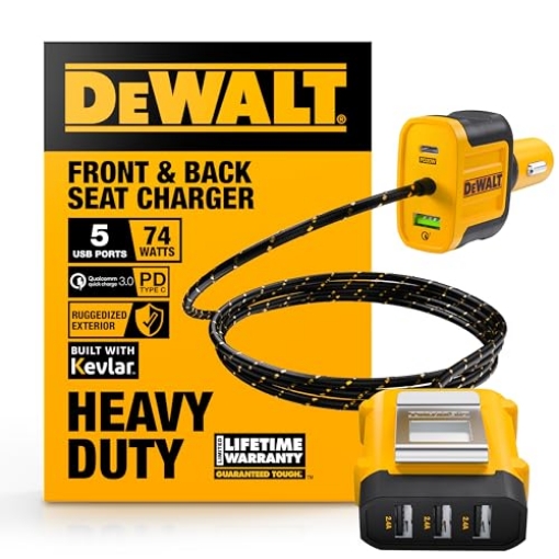 Picture of DEWALT(R) 141 0475 DW2 DEWALT Heavy Duty 72W 5 Port USB Car Charger Multiport, iPhone 16 Multi USB Car Charger, Fast Charge PD & QC3.0 Cigarette Lighter Adapter w/ 6FT Cable, Type C Front/Back Charging for Multiple Devices (EA)