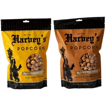 Picture of HARVEY'S HBT9 Harvey's Butter Rum + Real Butter Toffee Hand-Crafted Popcorn | 2 Bags - 9 oz each | No Inflammatory Oils, Non GMO, Gluten Free, Air Popped, Real Ingredients, All Natural, Small Batch Gourmet Made in the USA (PK-12-EA)